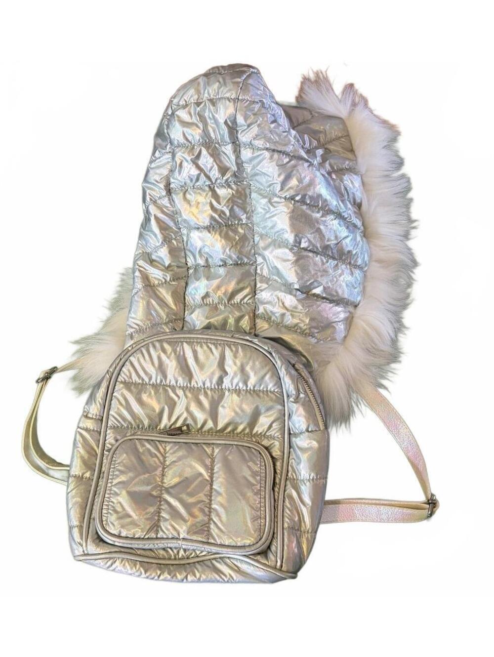 Club Exx Silver Iridescent Quilted Backpack with Faux Fur Trim